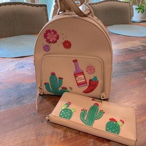 Kate Spade Beige Backpack and Wallet with Colorful Cactus Design